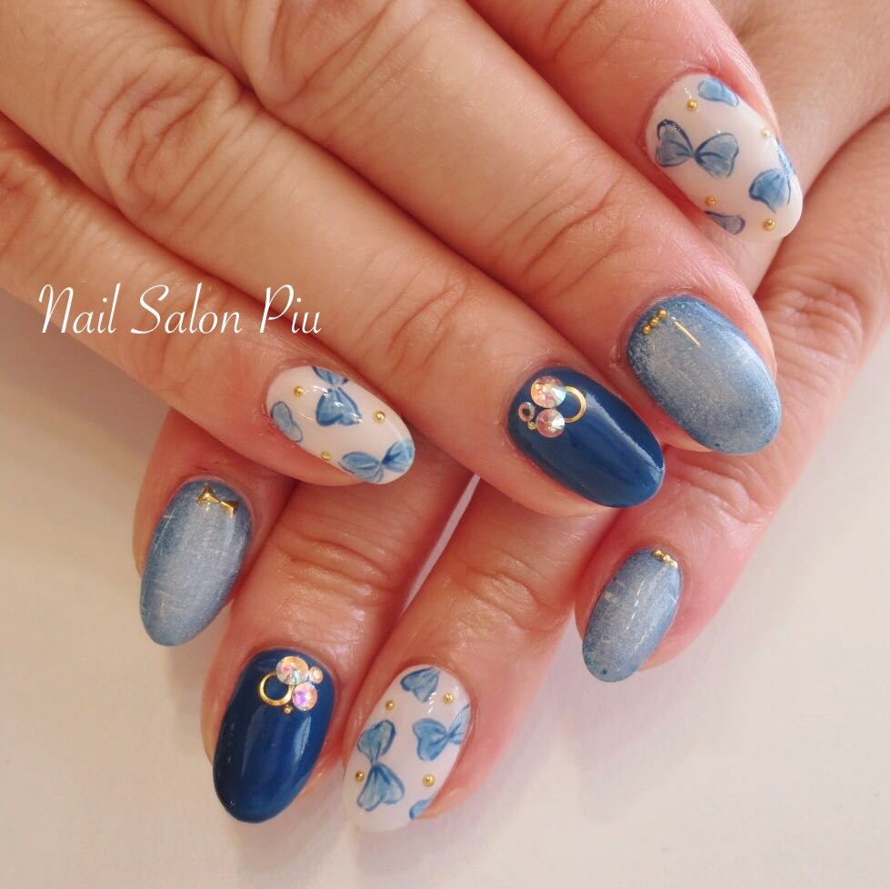 Nail Salon Piuのスナップ 夏ネイル リボンネイル デニムネイル Tredina